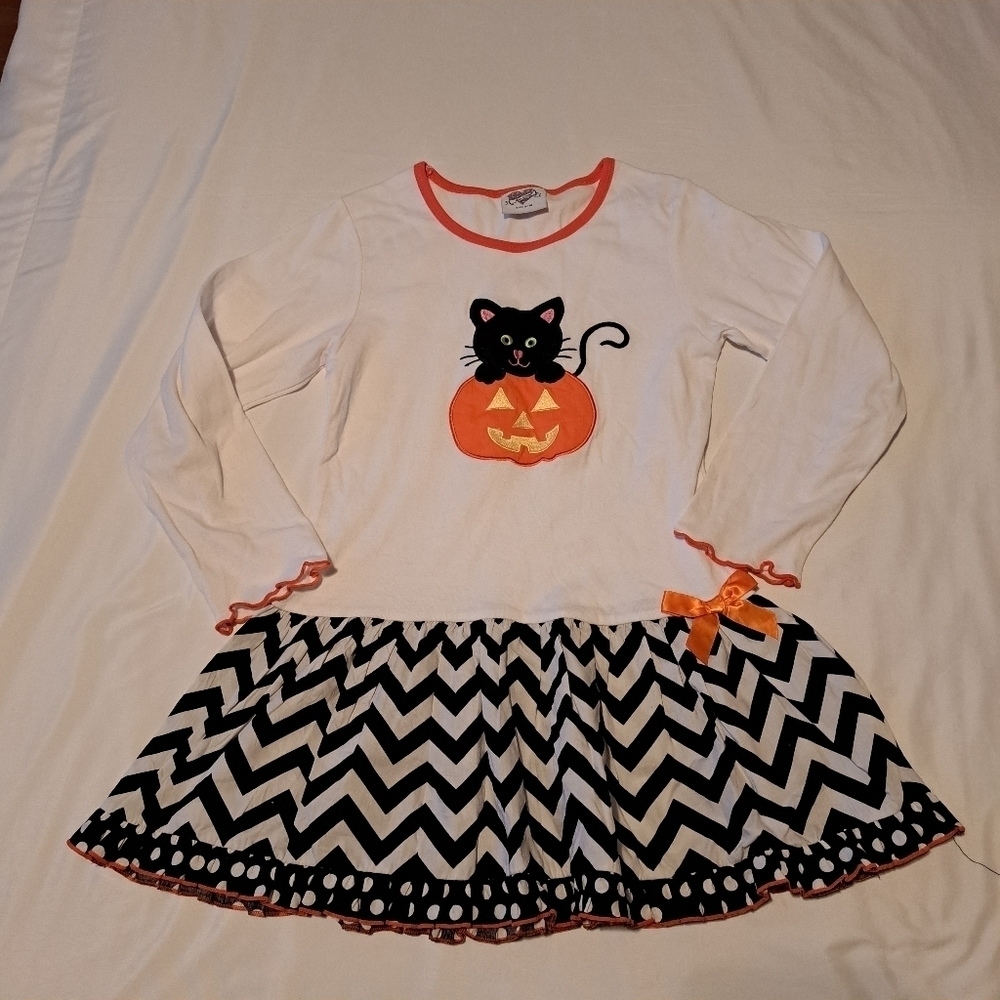 Ann Loren girls size 9/10 tunic Halloween design pumpkin black cat